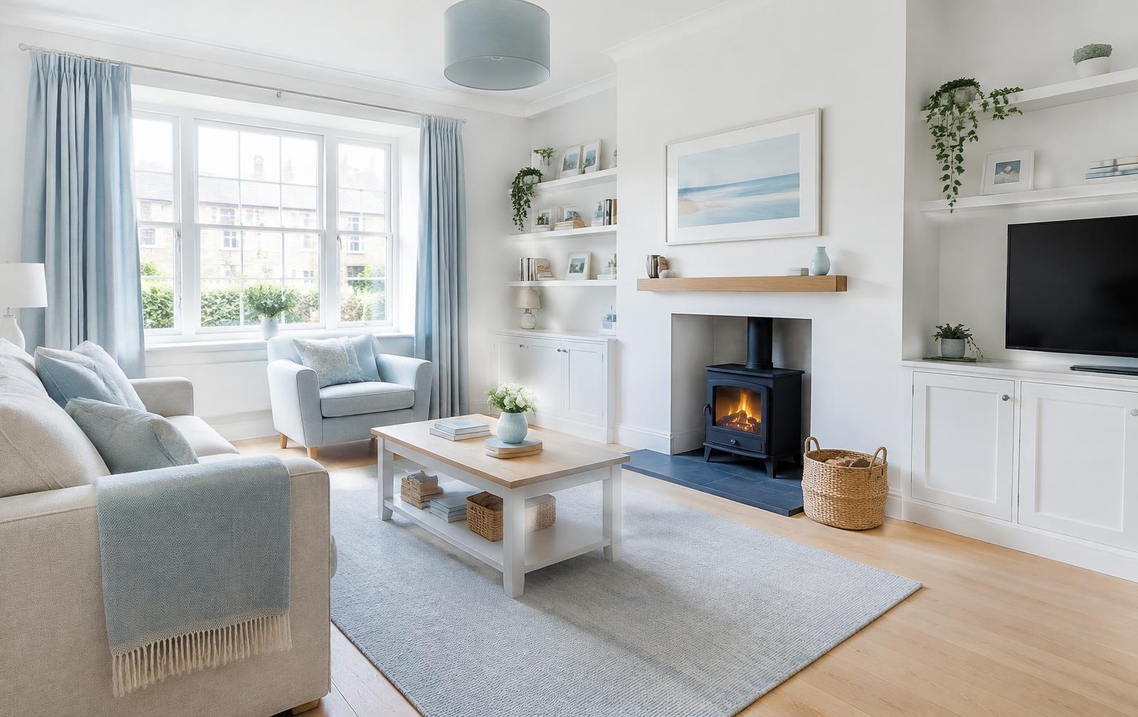 Bright, tidy living room with pale blue curtains and sofa