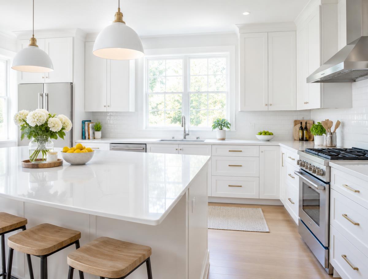 Clean white kitchen with a large island and bright window